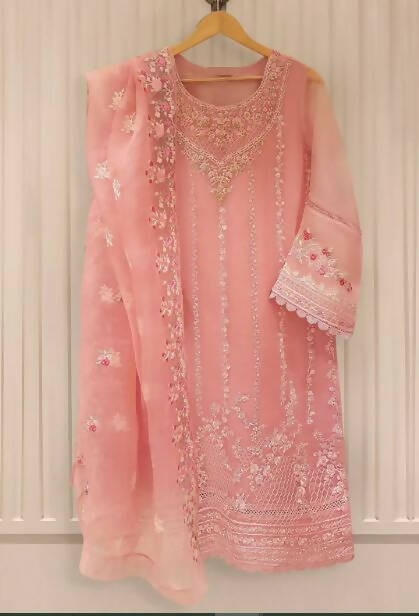 Agha Noor | Pink Gold Stitched 4 Pc Pure Organza Shirt With Dupatta | Women Formals | Medium | New