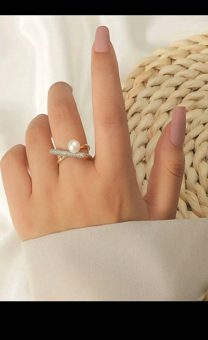 شین | Rhinestone &amp; Faux Pearl Decor Cuff Ring | خواتین کے زیورات | بالکل نیا