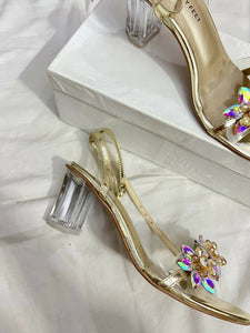 Beautiful Golden Crystal Heels Size (38) | Women Shoes | Preloved