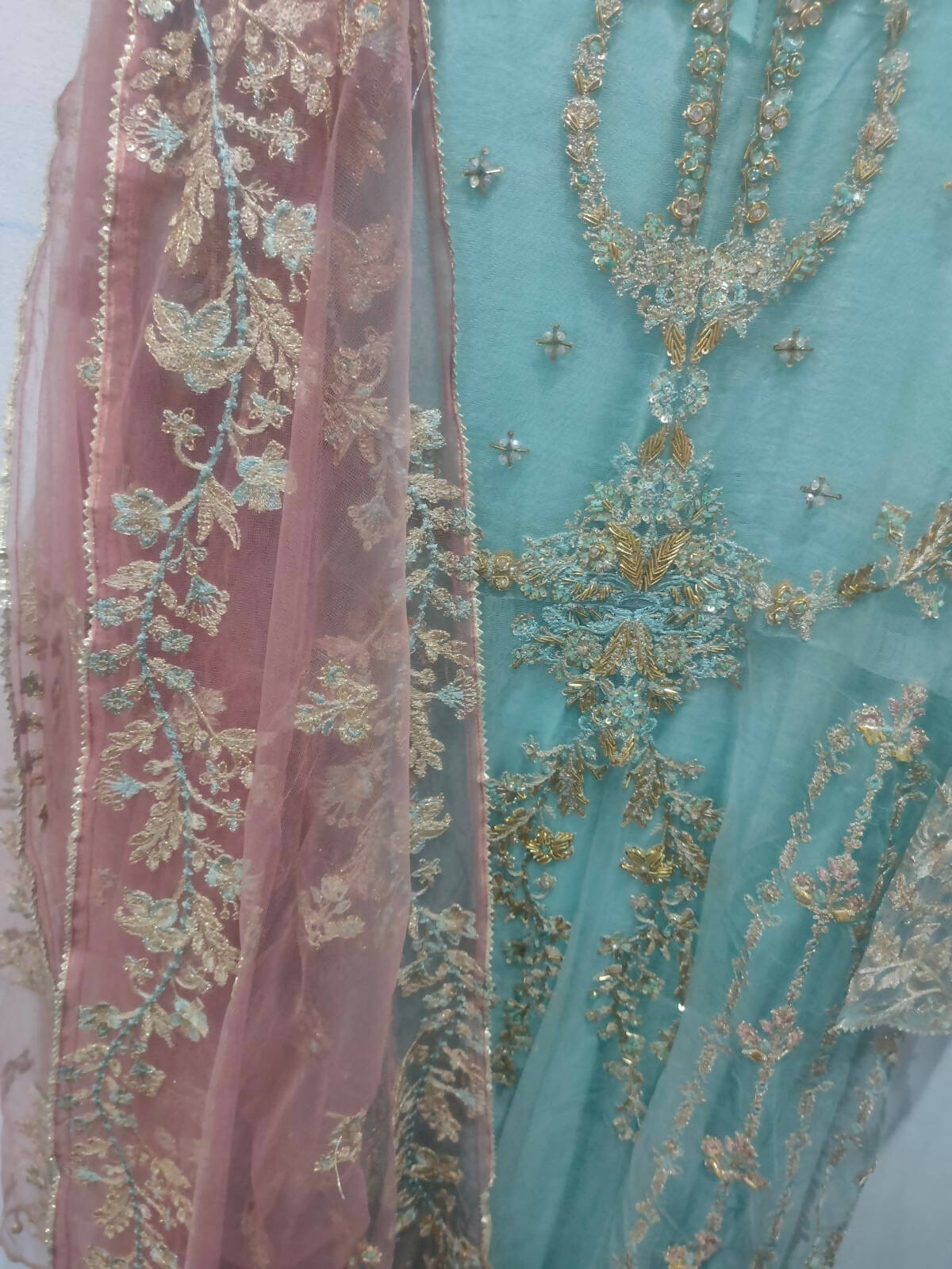 Light Blue Long Maxi with Pink Embroidery | Women Locally Made Formals | Small | Worn Once