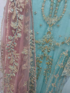 Light Blue Long Maxi with Pink Embroidery (Size: S ) | Women Formals | Worn Once