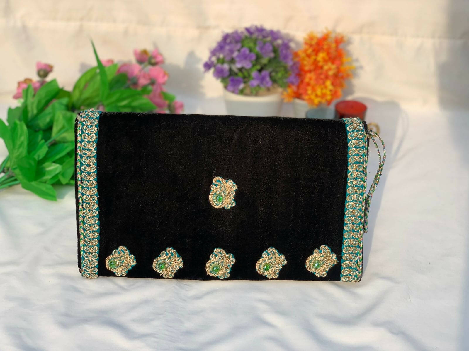 Hand Crafted Black Velvet Hand Bag Made With Recycled Cloth Pieces | Women Handbags | New