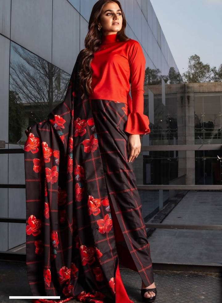 Lulusar | Red Black Pant Saree | Women Formals | Preloved