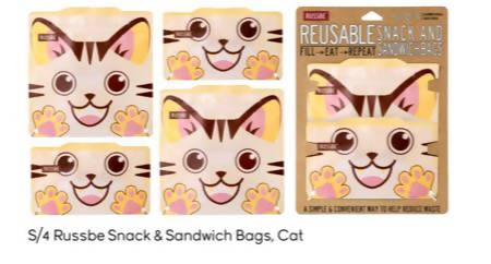 Russbe Bags | Reusable Zip lock Snack Bags | Kids Cat | Pack of 4 | Brand New