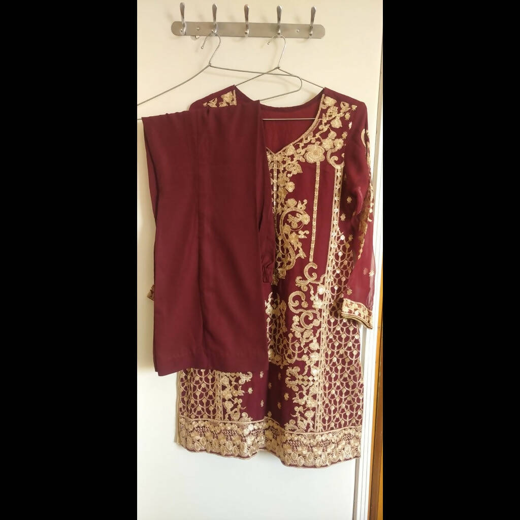 Maroon Red Golden 2 Pc Dress | Women Formals | Medium | New