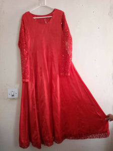 Red Silk Maxi Have fancy Net Sleeves (Size: M )| Women Frocks & Maxis | Worn Once