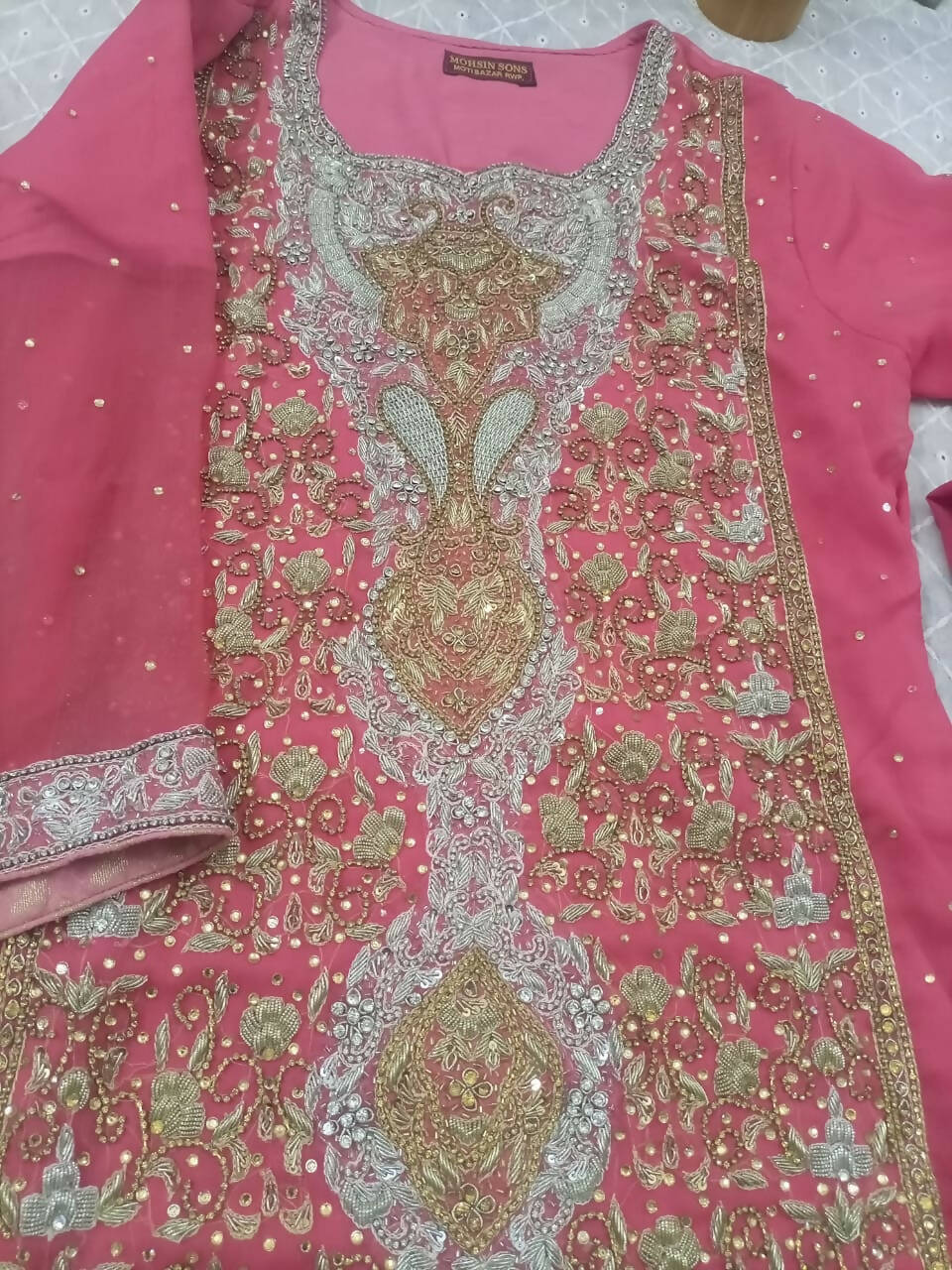 Mohsin Sons | Embroided Chiffon Dress | Women Branded Formals | Small | Preloved