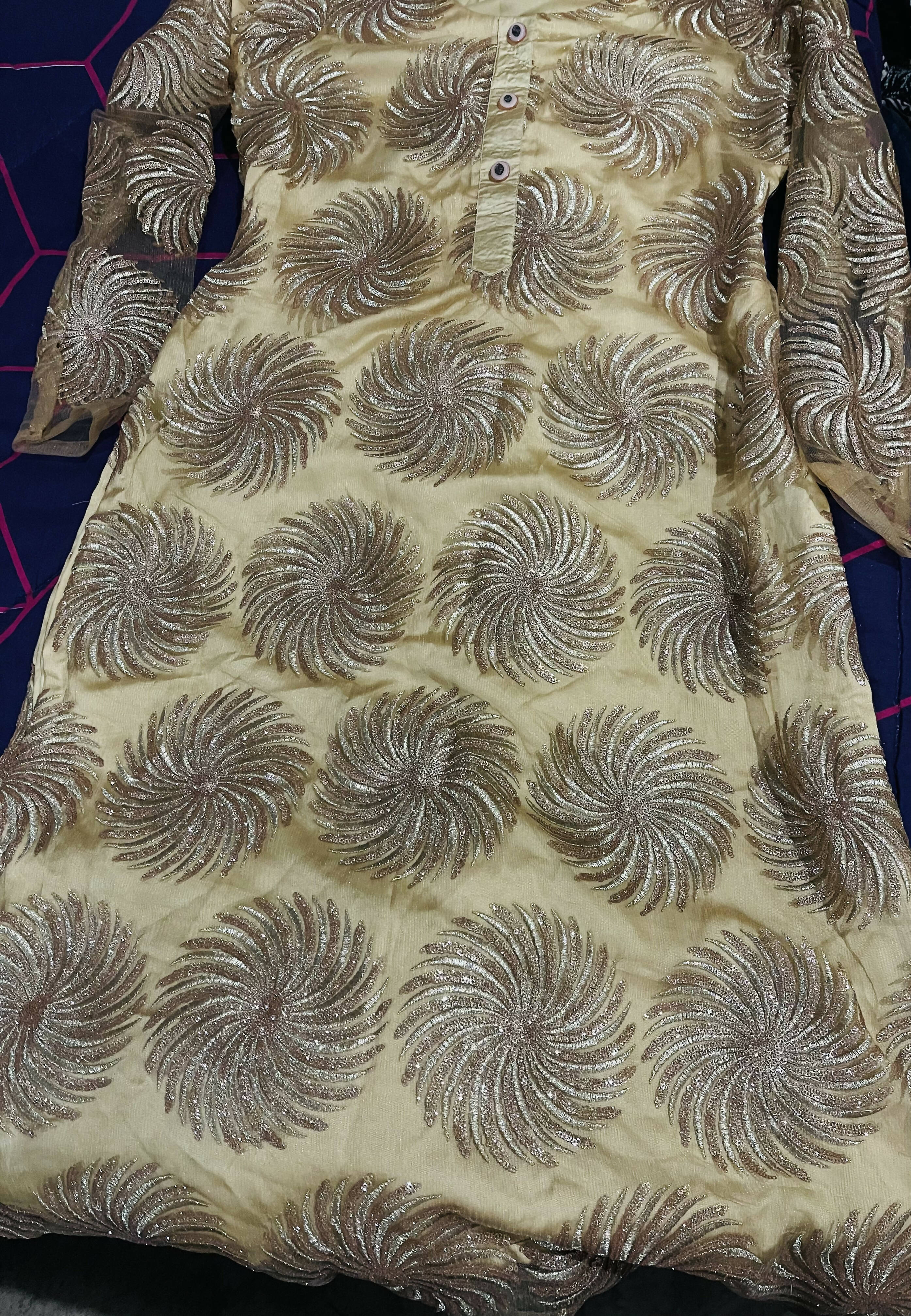 Fancy Golden Shirt With Embroidery | Women Locally Made Kurta | Medium | Worn Once