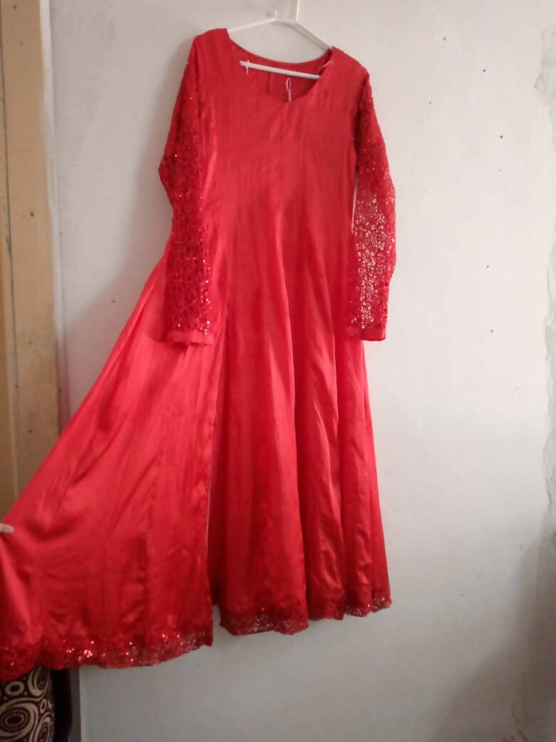 Red Silk Maxi Have fancy Net Sleeves (Size: M )| Women Frocks & Maxis | Worn Once