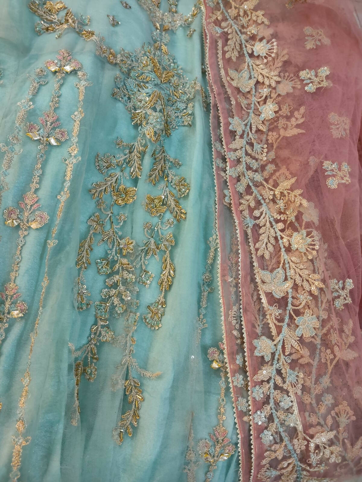 Light Blue Long Maxi with Pink Embroidery | Women Locally Made Formals | Small | Worn Once